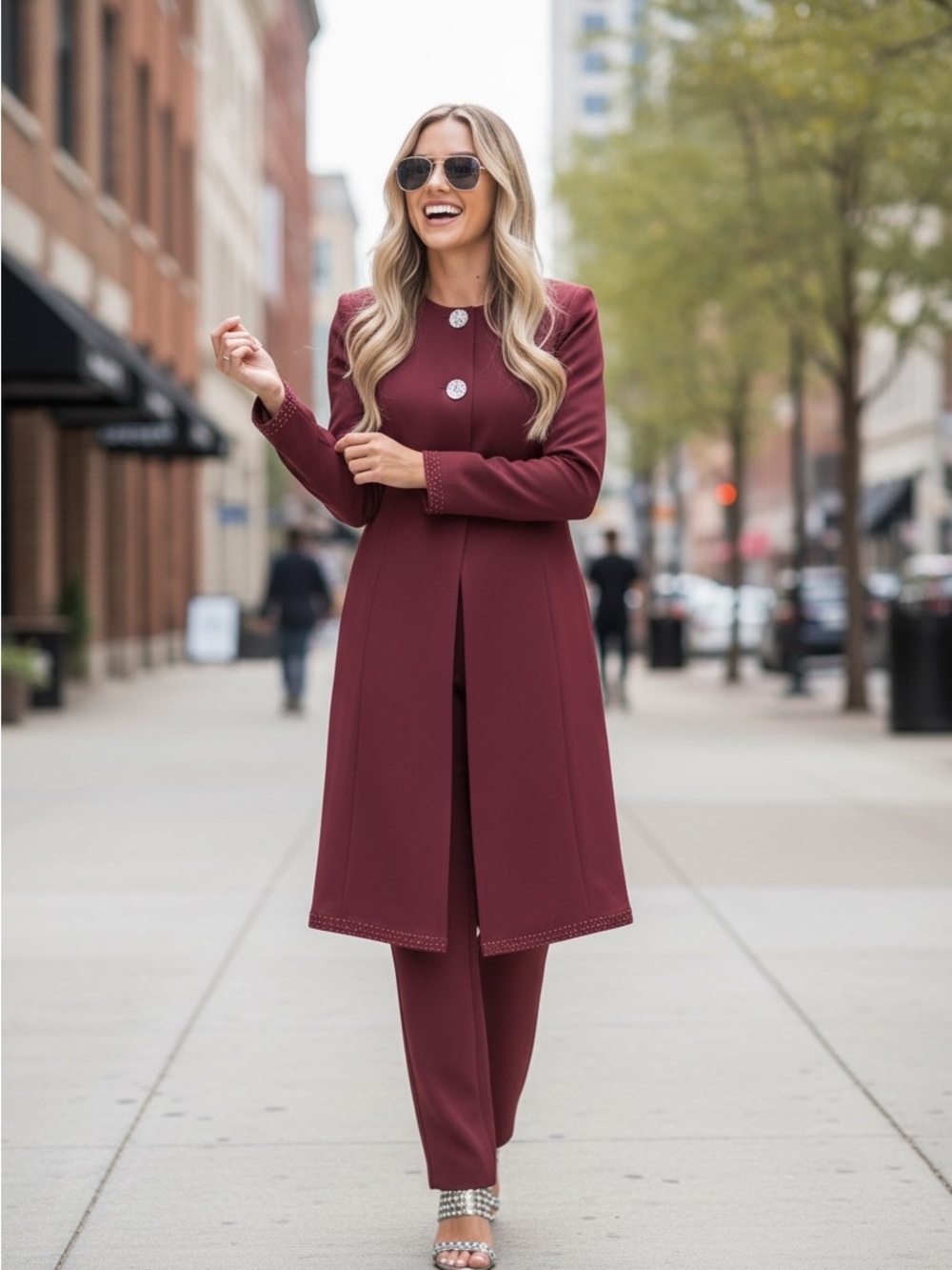 Ashro Elegant Long Coat and pants  in Burgundy 2 piece
